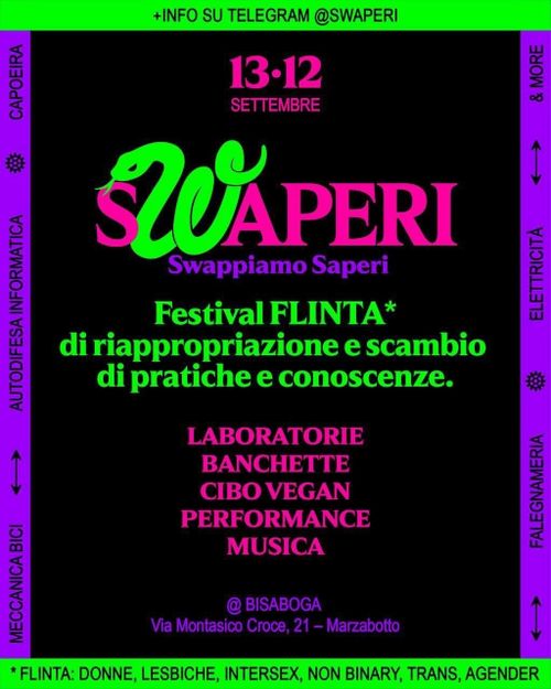 Swaperi Festival - Festival di riappropriazione e scambio di pratiche e conoscenze in ambiente FLINTA (per donne, lesbiche, intersex, non binary, trans, agender)