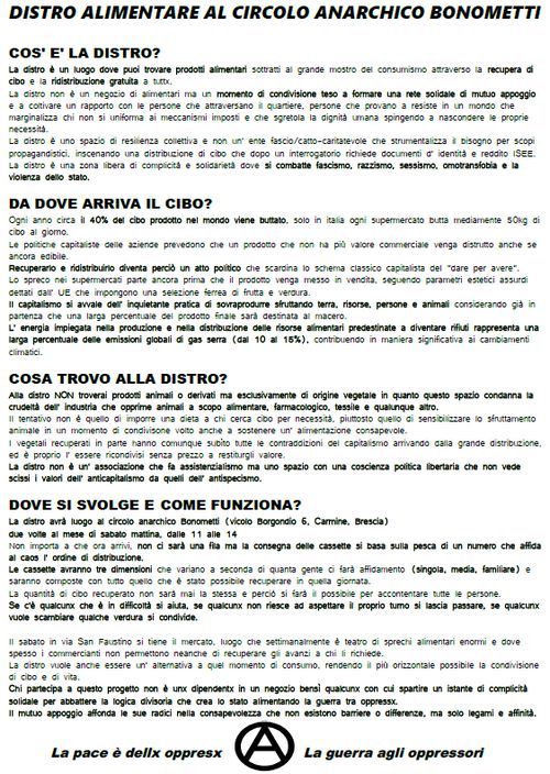 DISTRO ALIMENTARE AL CIRCOLO ANARCHICO BONOMETTI