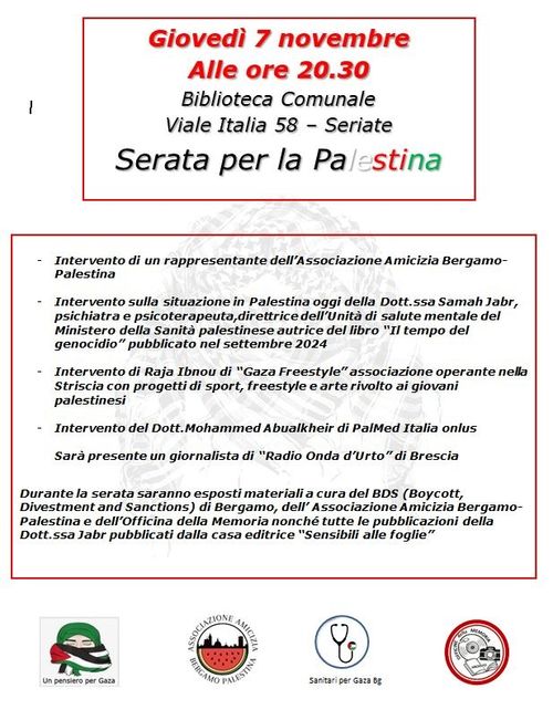 “SERATA PER LA PALESTINA” GIOVEDI 7 NOVEMBRE ALLA BIBLIOTECA COMUNALE DI SERIATE